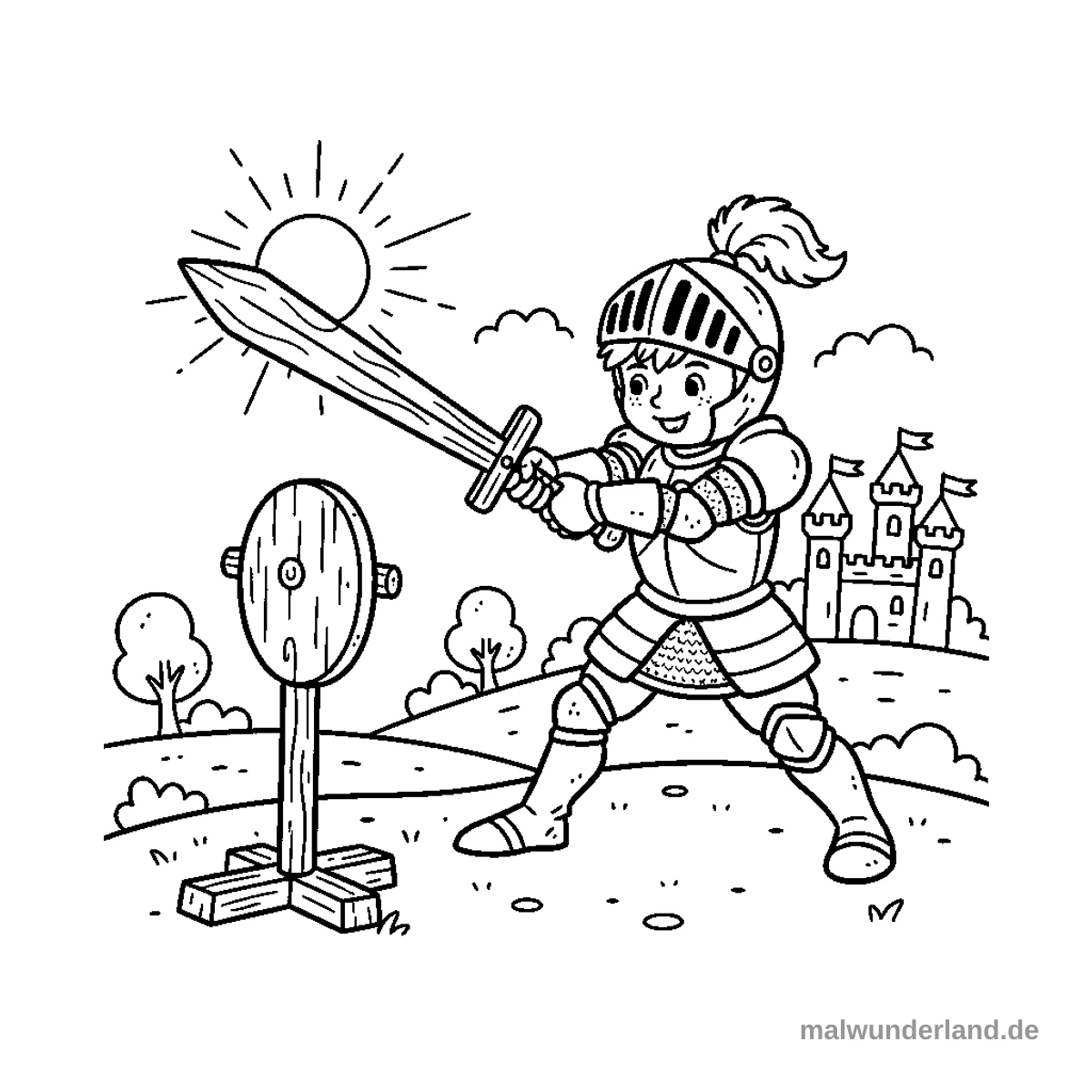 Ein junger Ritter in voller Rüstung übt mit einem Holzschwert gegen eine stehende Trainingspuppe in einer offenen Landschaft. Im Hintergrund sind eine Burg, sanfte Hügel, Bäume, Wolken und eine strahlende Sonne zu sehen.