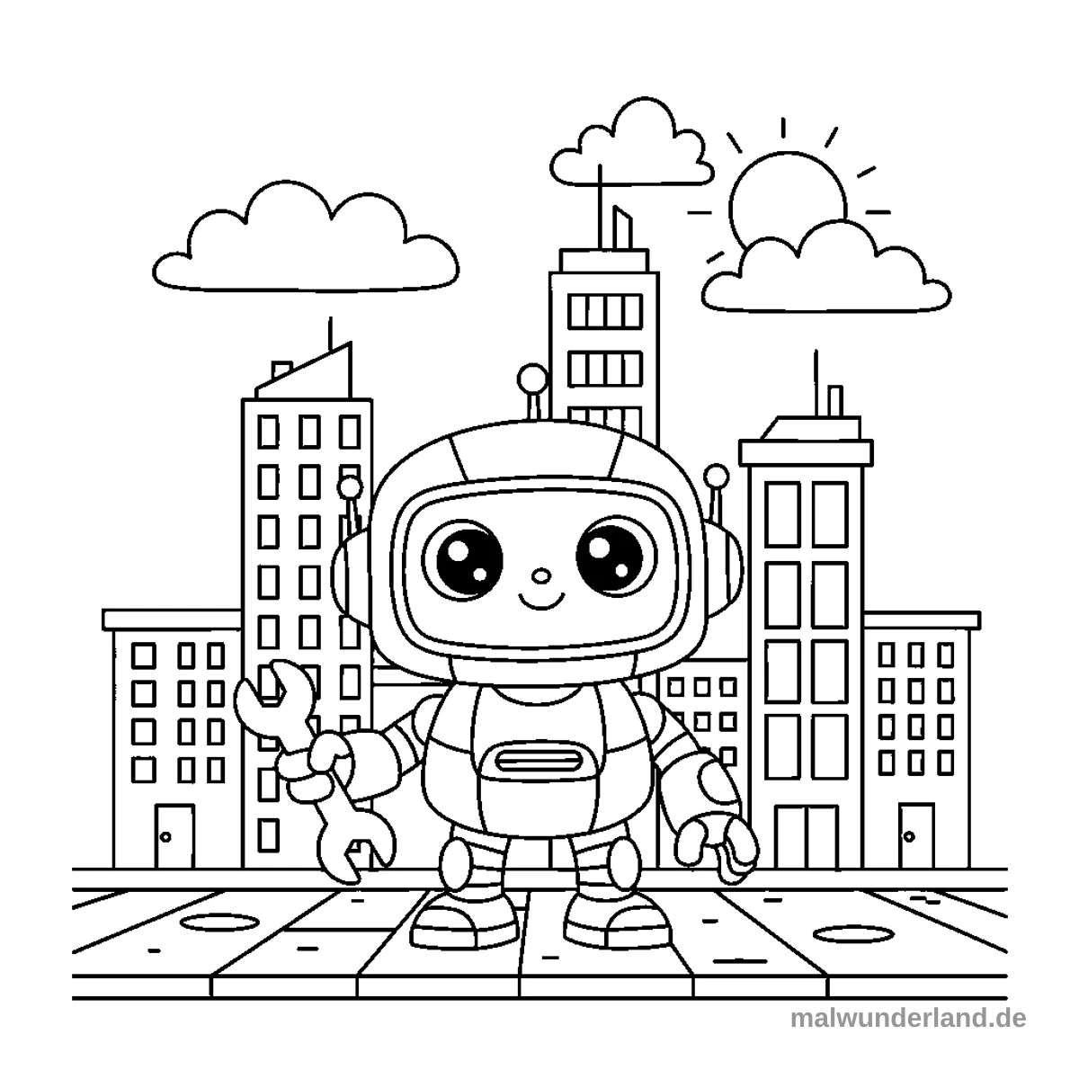 Ein niedlicher Roboter mit großen Augen steht in einer belebten Stadtlandschaft. Er hält einen großen Schraubenschlüssel in seiner rechten Hand, während im Hintergrund hohe Gebäude, Wolken und die strahlende Sonne zu sehen sind.