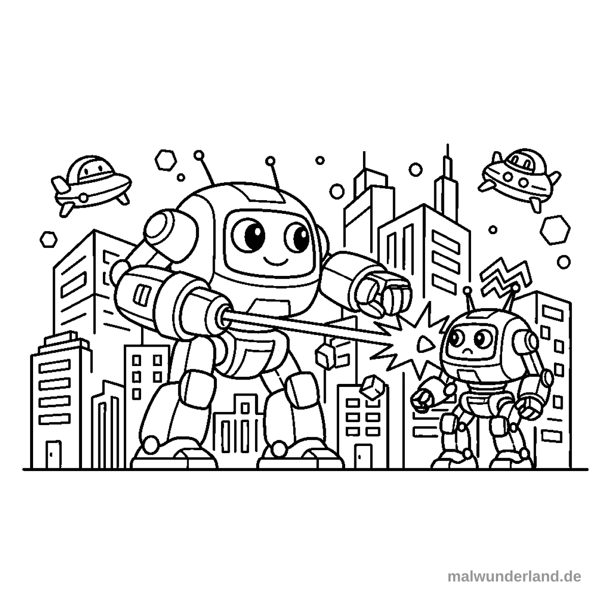 Das Bild zeigt einen großen, lächelnden Roboter, der mit einer leuchtenden Klinge auf einen kleineren, besorgten Roboter einschlägt, wodurch Funken entstehen. Im Hintergrund sind zahlreiche Gebäude einer Stadt sowie zwei schwebende Flugobjekte zu sehen.