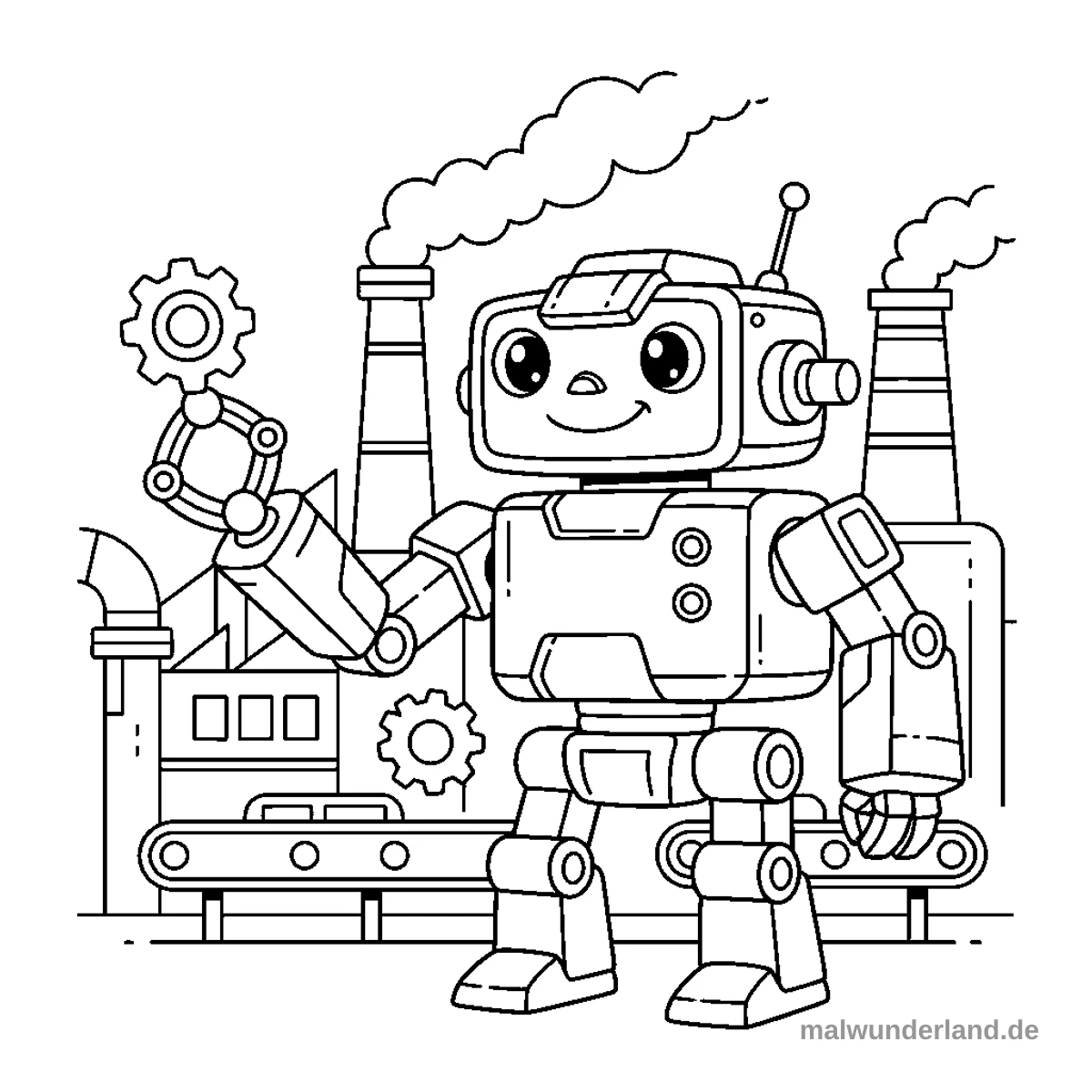 Das Ausmalbild zeigt einen freundlich lächelnden Roboter in einer industriellen Umgebung. Der Roboter hält mit einer seiner Greifarme ein Zahnrad, während im Hintergrund Fabrikschornsteine Rauch ausstoßen und ein Förderband zu sehen ist.
