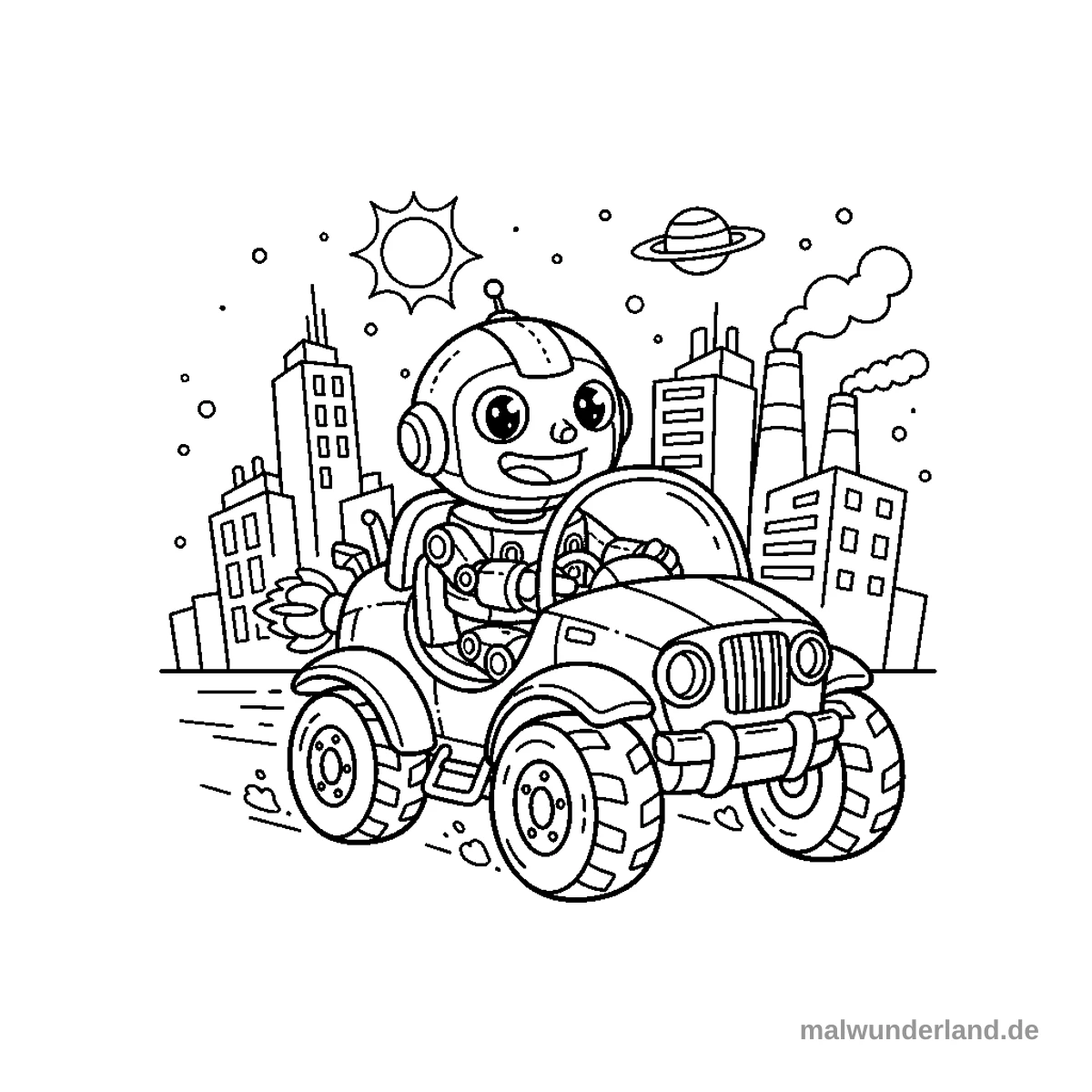 Ein niedlicher Roboter sitzt lächelnd am Steuer eines Geländewagens mit einem Raketenantrieb am Heck. Er fährt durch eine Stadtkulisse, die von hohen Gebäuden, rauchenden Fabrikschornsteinen, einer Sonne und einem Planeten im Himmel umgeben ist.