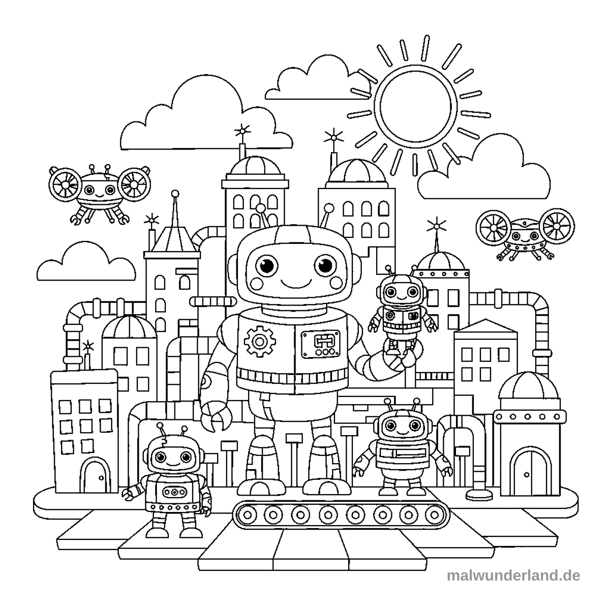 Das Ausmalbild zeigt eine freundliche Roboterfamilie in einer lebhaften Roboter-Stadt. Ein großer Roboter hält einen kleineren Roboter, während zwei weitere kleine Roboter auf einer Plattform stehen, umgeben von futuristischen Gebäuden, fliegenden Drohnen, Wolken und einer strahlenden Sonne.