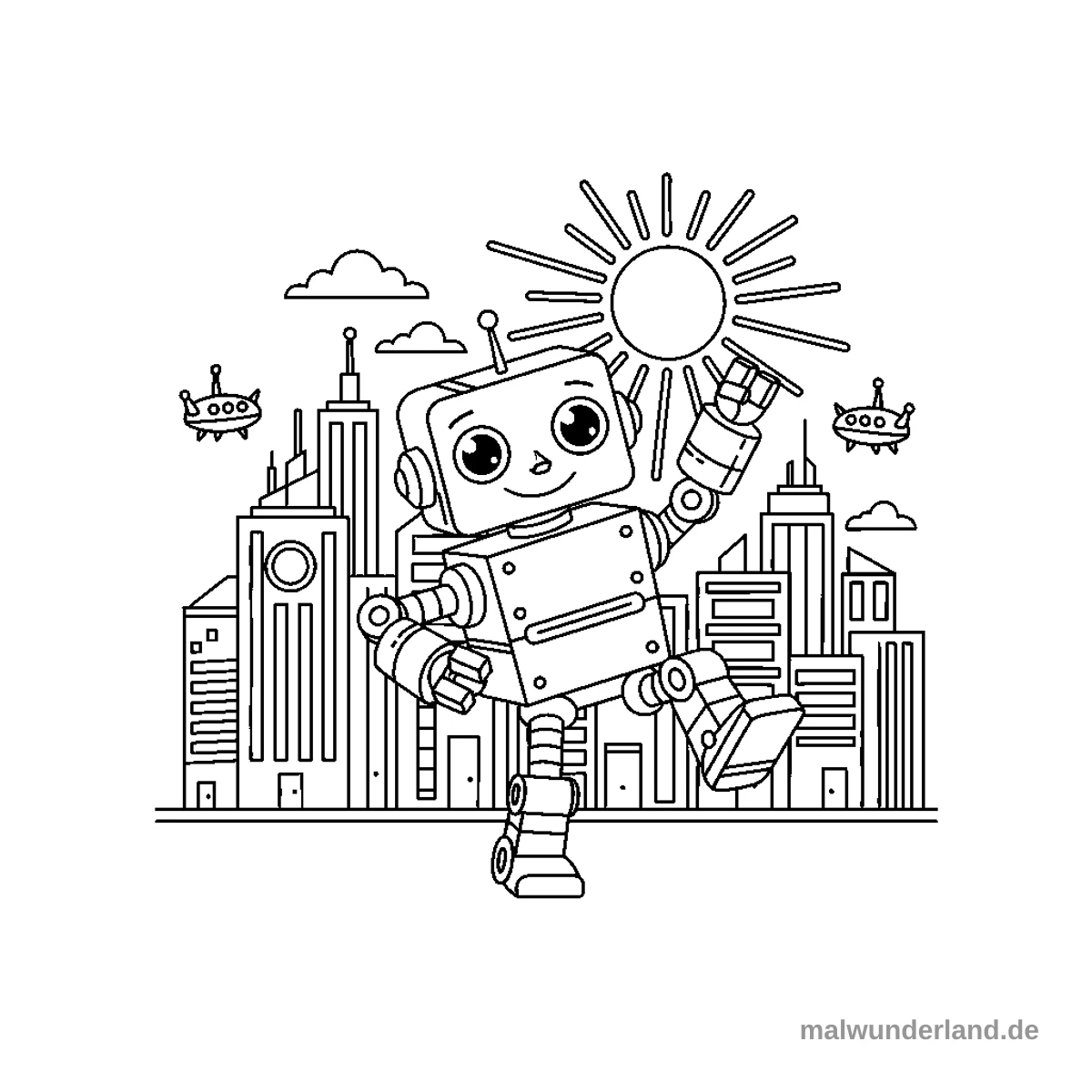 Das Bild zeigt einen fröhlichen Roboter, der in einer Stadtlandschaft vor hohen Gebäuden tanzt oder winkt. Im Hintergrund sind eine lächelnde Sonne, Wolken und zwei kleine fliegende Untertassen zu sehen.
