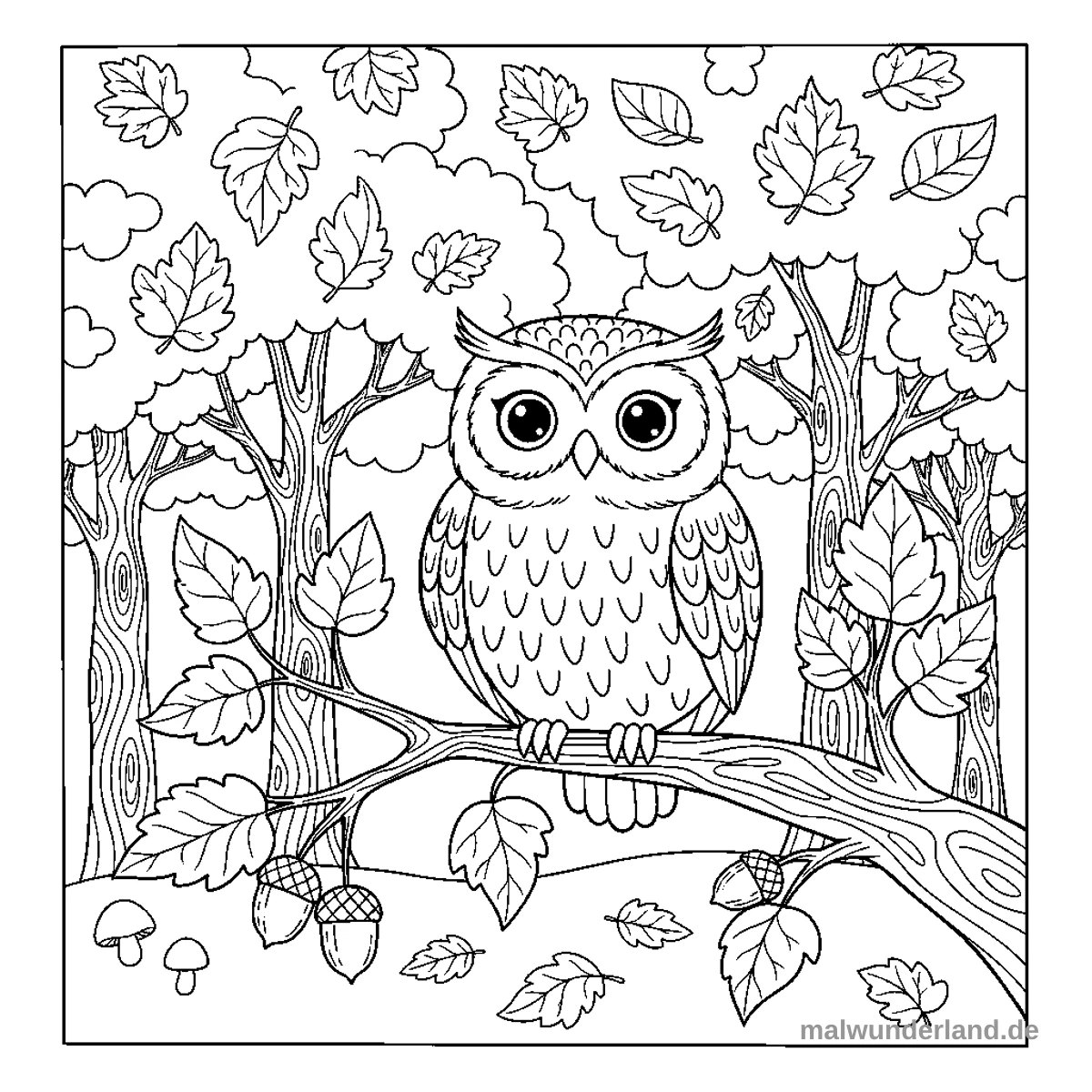 Eule auf Ast - Kostenloses Ausmalbild zum Ausdrucken