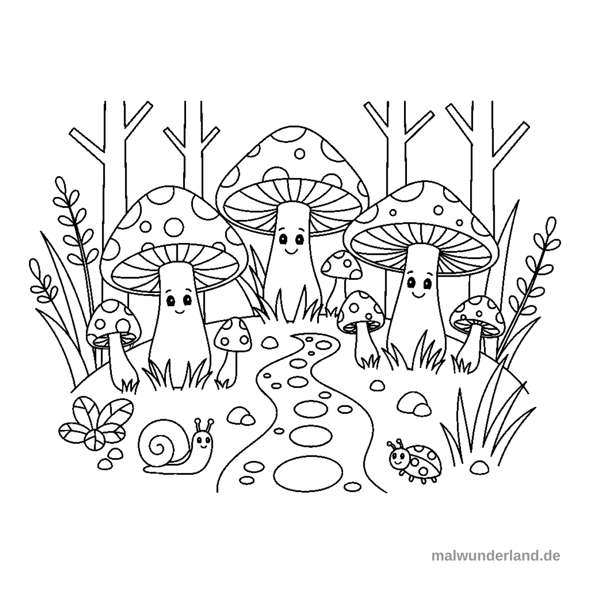 Pilze im Wald - Kostenloses Ausmalbild zum Ausdrucken