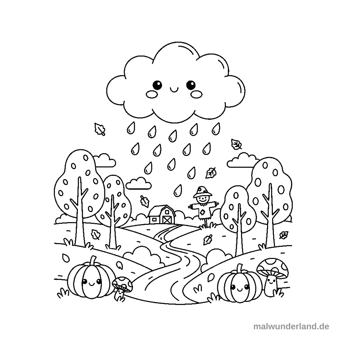 Regenwolke im Herbst - Kostenloses Ausmalbild zum Ausdrucken