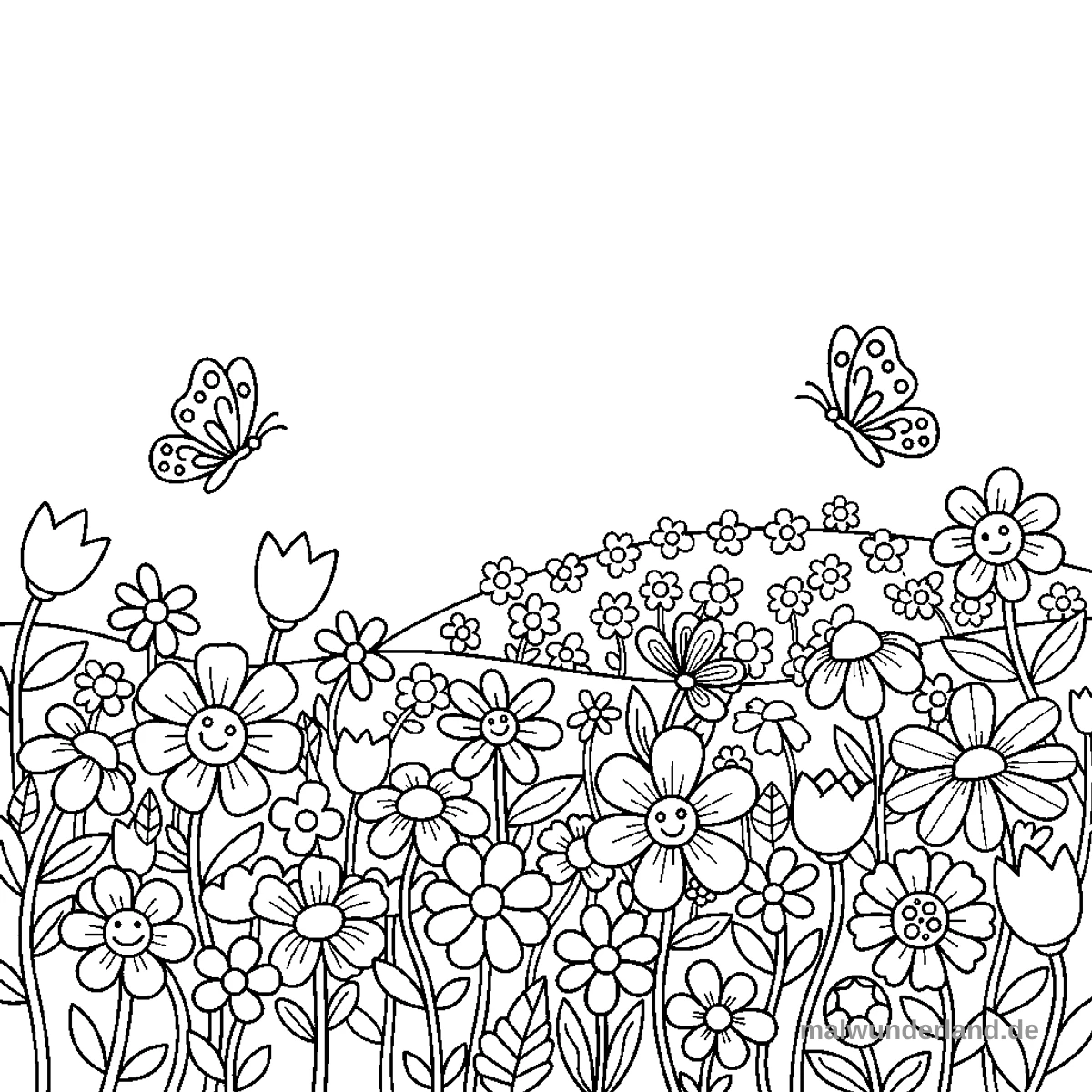 Das Bild zeigt eine weite Blumenwiese voller verschiedener Blüten, einige davon mit freundlichen Gesichtern, und zwei Schmetterlinge, die darüberfliegen. Im Hintergrund erstrecken sich sanfte Hügel, die ebenfalls mit kleinen Blumen übersät sind.