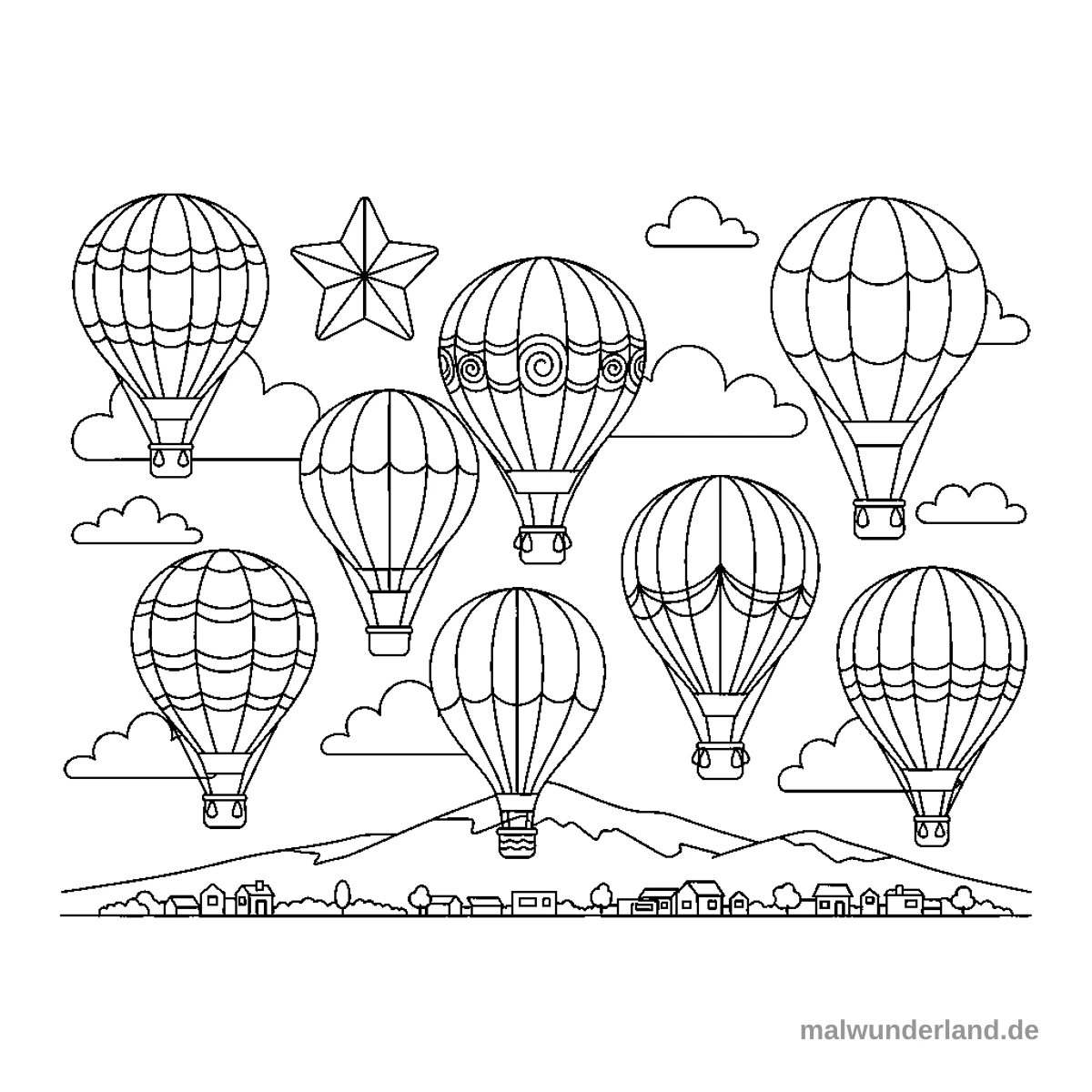 Heißluftballons - Kostenloses Ausmalbild zum Ausdrucken