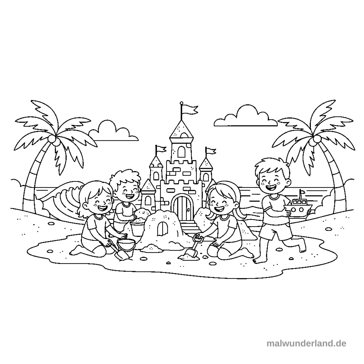 Kinder am Strand - Kostenloses Ausmalbild zum Ausdrucken