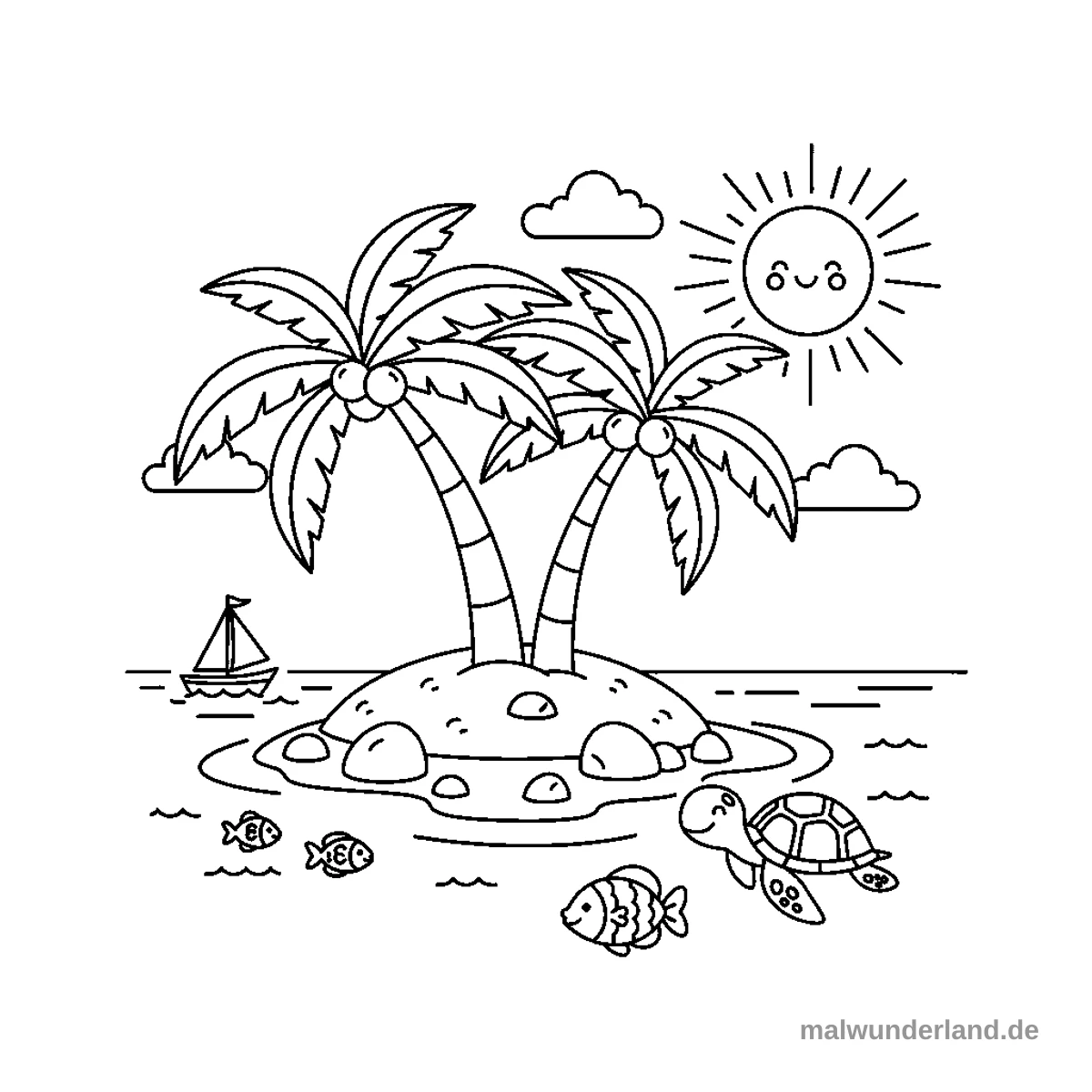 Palmen und Ozean - Kostenloses Ausmalbild zum Ausdrucken