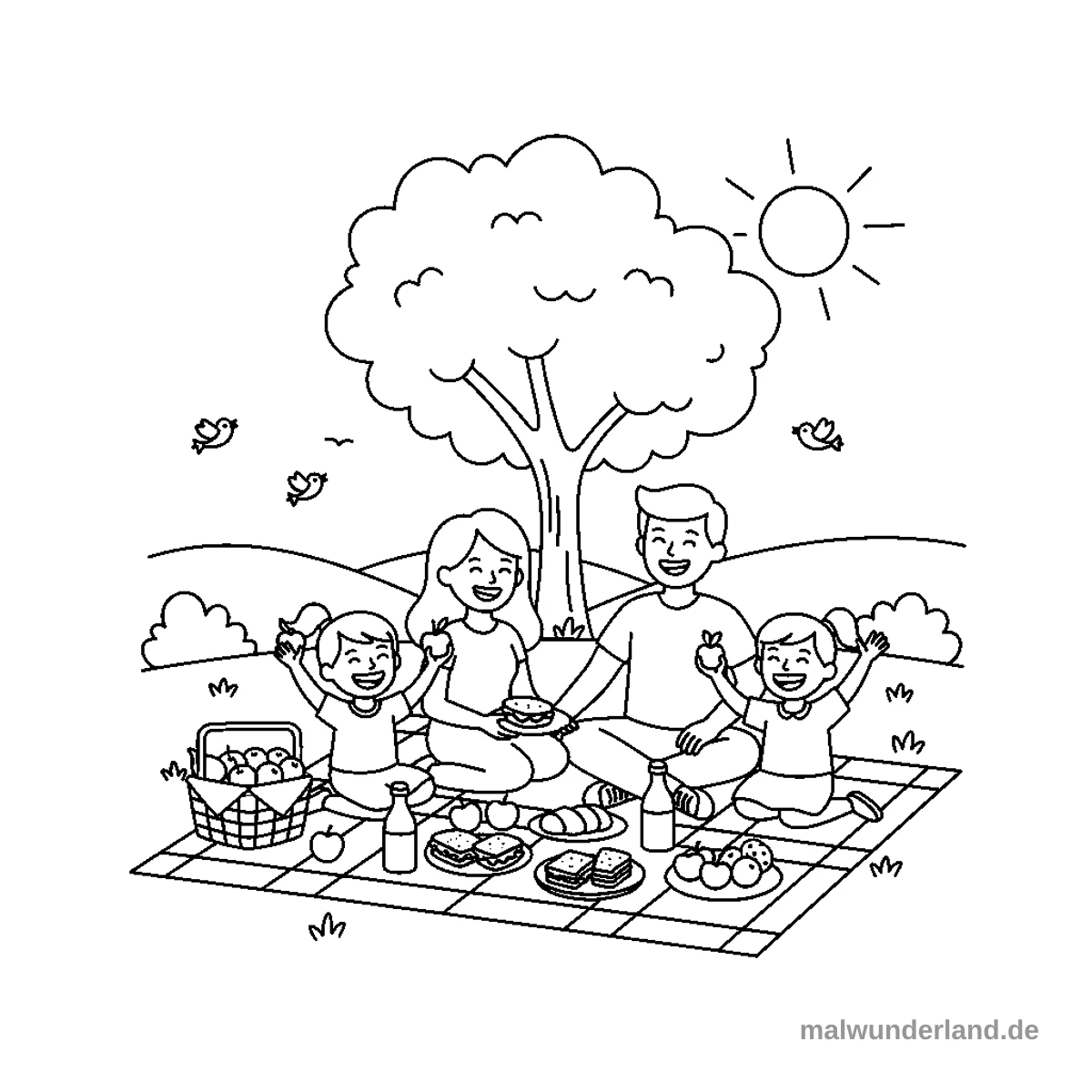 Picknick im Park - Kostenloses Ausmalbild zum Ausdrucken