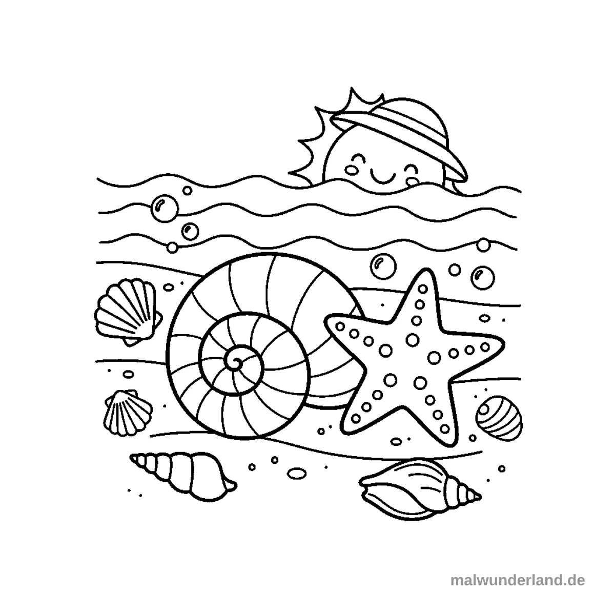 Strandmuschel und Seestern - Kostenloses Ausmalbild zum Ausdrucken