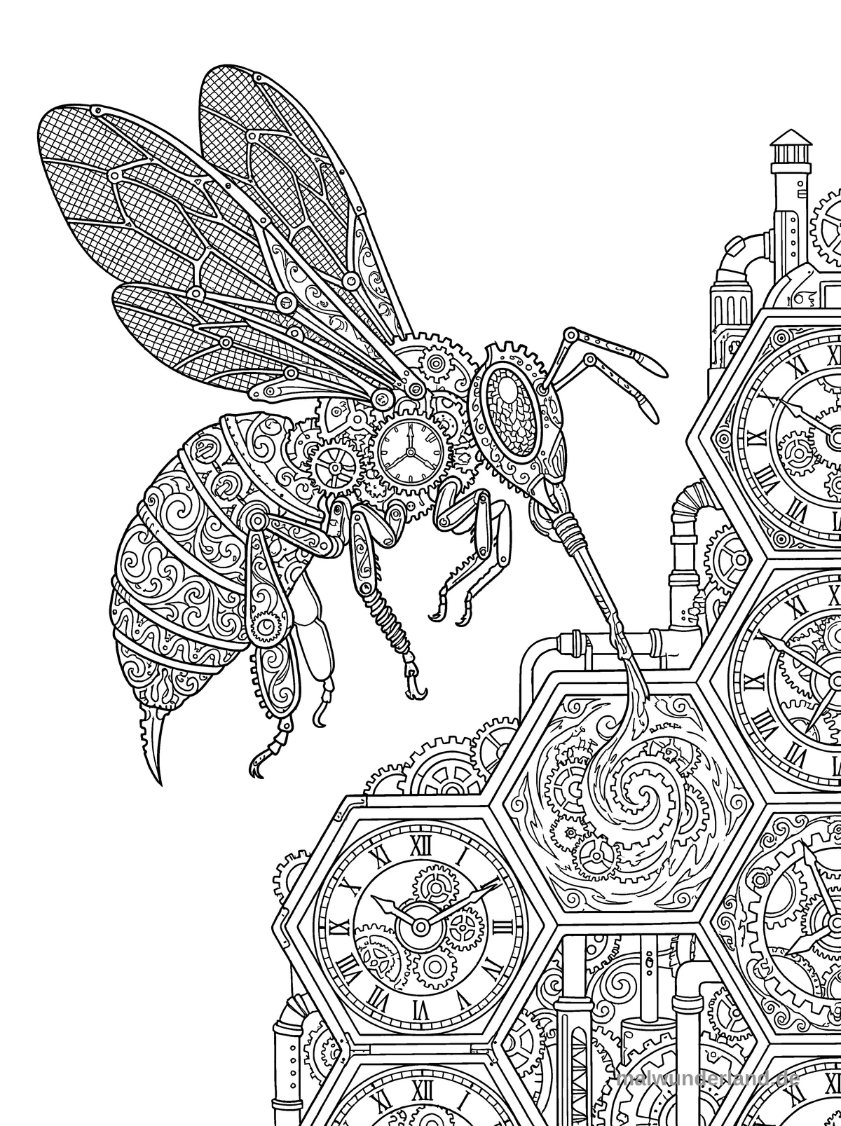 Eine mechanische Biene sammelt 'Honig' aus einem Uhrwerk-Honigwaben. Die Waben sind detailreich mit Zahnrädern und Schrauben versehen.