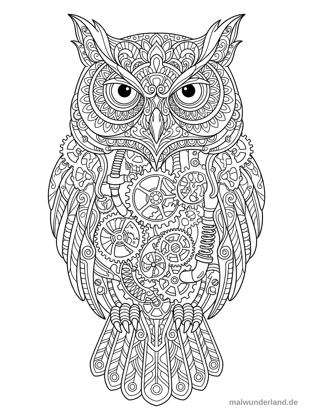 Eule mit Zahnrädern - Kostenloses Ausmalbild zum Ausdrucken