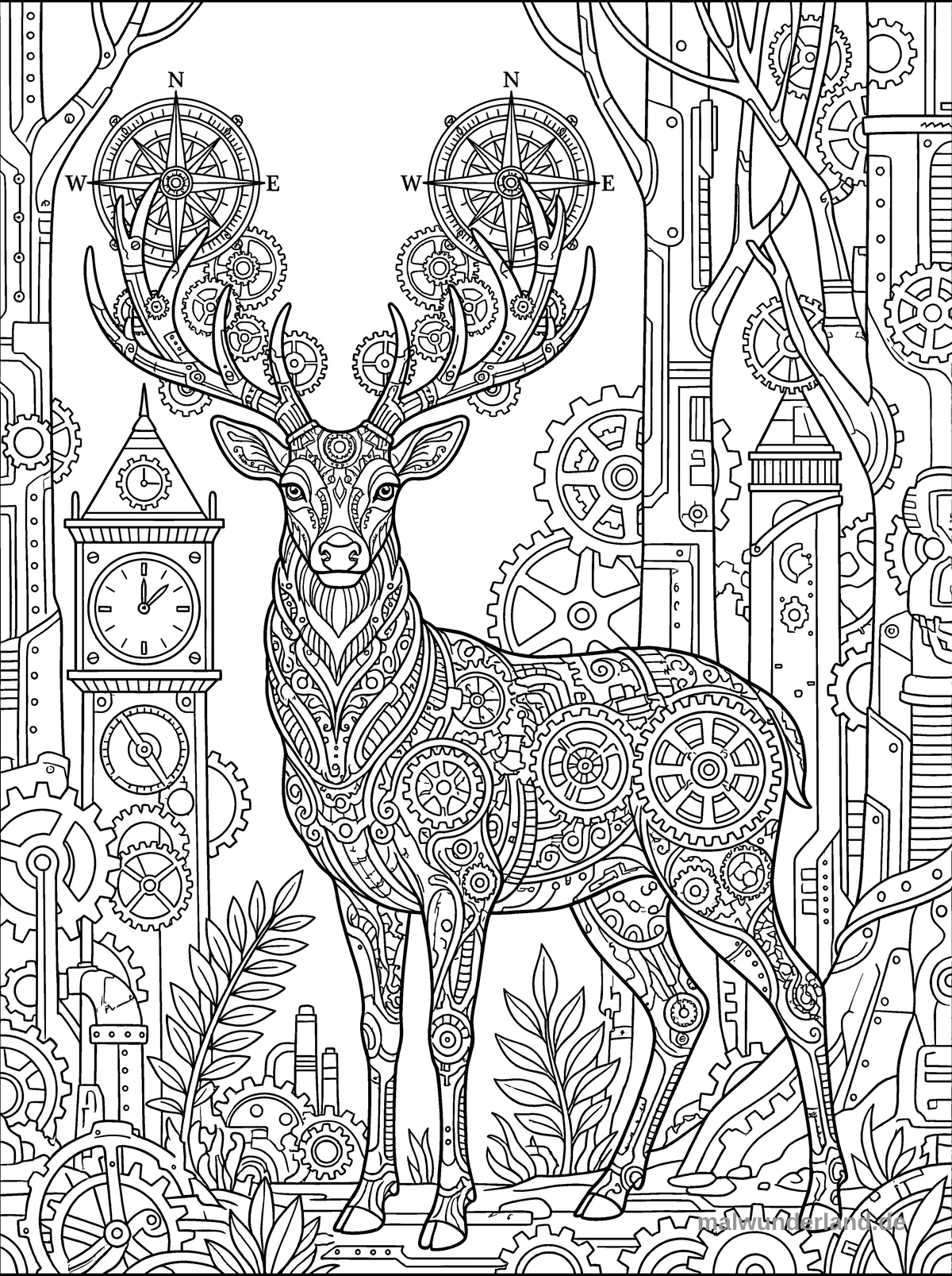 Ein majestätischer Hirsch, dessen Geweih aus einem filigranen Kompass besteht und dessen Körper mit Zahnrädern und Nieten verziert ist. Er steht inmitten eines nebelverhangenen, mechanischen Waldes.