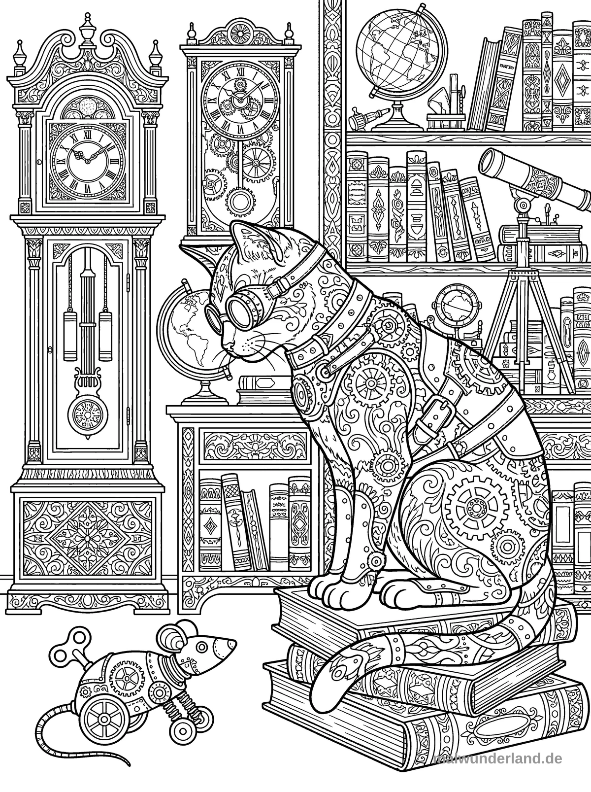 Katze mit mechanischer Spielzeugmaus - Kostenloses Ausmalbild zum Ausdrucken