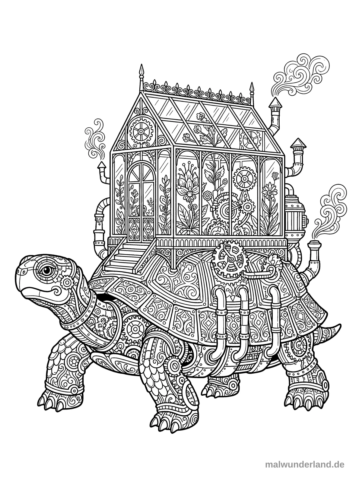Eine alte Schildkröte mit einem viktorianischen Miniatur-Gewächshaus auf dem Rücken. Das Gewächshaus ist mit winzigen Zahnrädern und Dampfrohren betrieben.