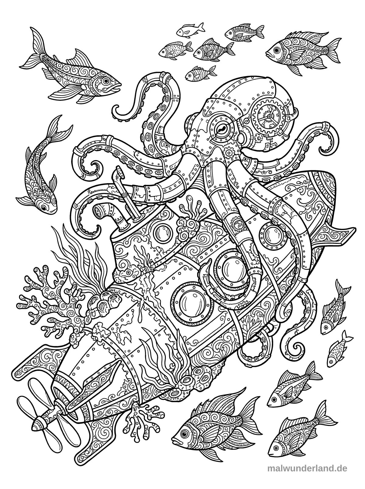 Tintenfisch in einem U-Boot-Wrack - Kostenloses Ausmalbild zum Ausdrucken