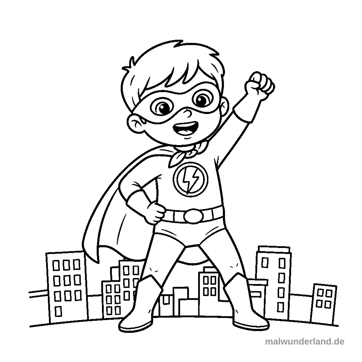 Ein Ausmalbild zeigt einen fröhlichen Jungen in einem Superheldenkostüm, der vor einer stilisierten Stadtkulisse posiert. Er trägt einen Umhang, eine Maske und einen Anzug mit einem Blitz-Symbol auf der Brust.