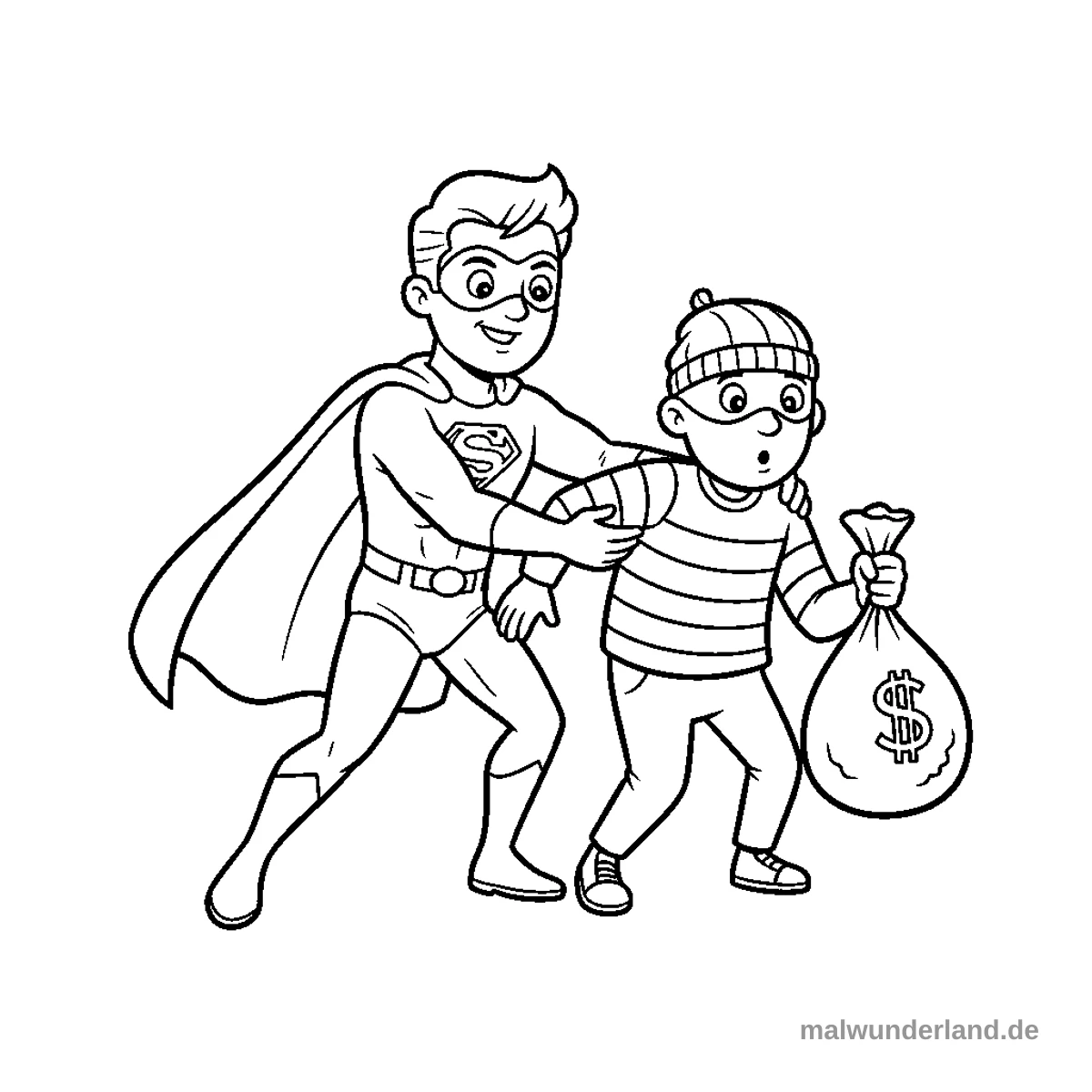 Superheld fängt Dieb - Kostenloses Ausmalbild zum Ausdrucken