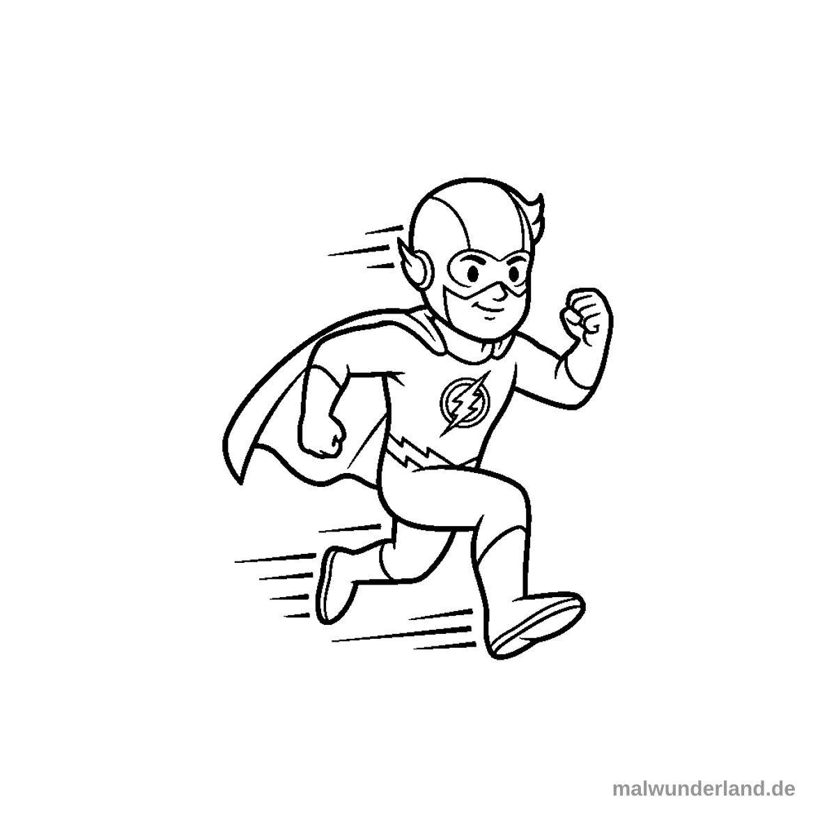 Das Ausmalbild zeigt einen kindlichen Superhelden in einem Kostüm mit Umhang, Maske und Stiefeln, der dynamisch nach rechts rennt. Um seinen Kopf und seine Beine sind Striche zu sehen, die seine hohe Geschwindigkeit symbolisieren.
