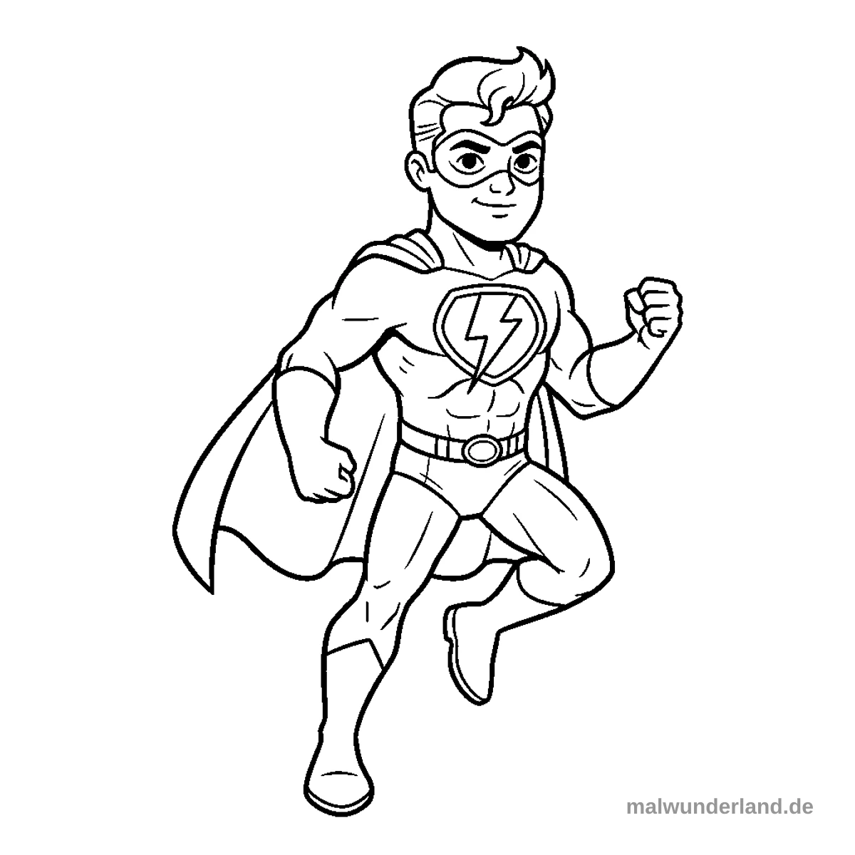 Das Ausmalbild zeigt einen lächelnden Superhelden in einer dynamischen Lauf- oder Sprunghaltung. Er trägt einen Ganzkörperanzug, eine Maske, einen Umhang, Stiefel und Handschuhe, mit einem Blitzsymbol auf der Brust.