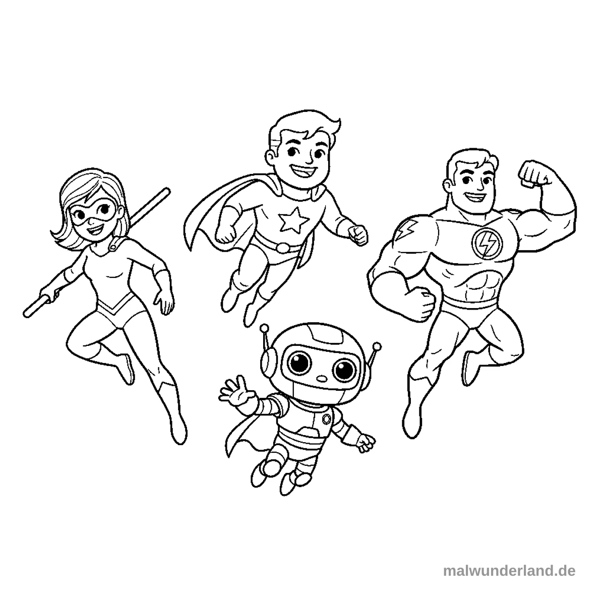 Dieses Ausmalbild zeigt vier fliegende oder springende Superhelden: eine Frau mit Maske und Stab, zwei Männer mit Umhängen und Emblemen sowie einen kleinen Roboter.