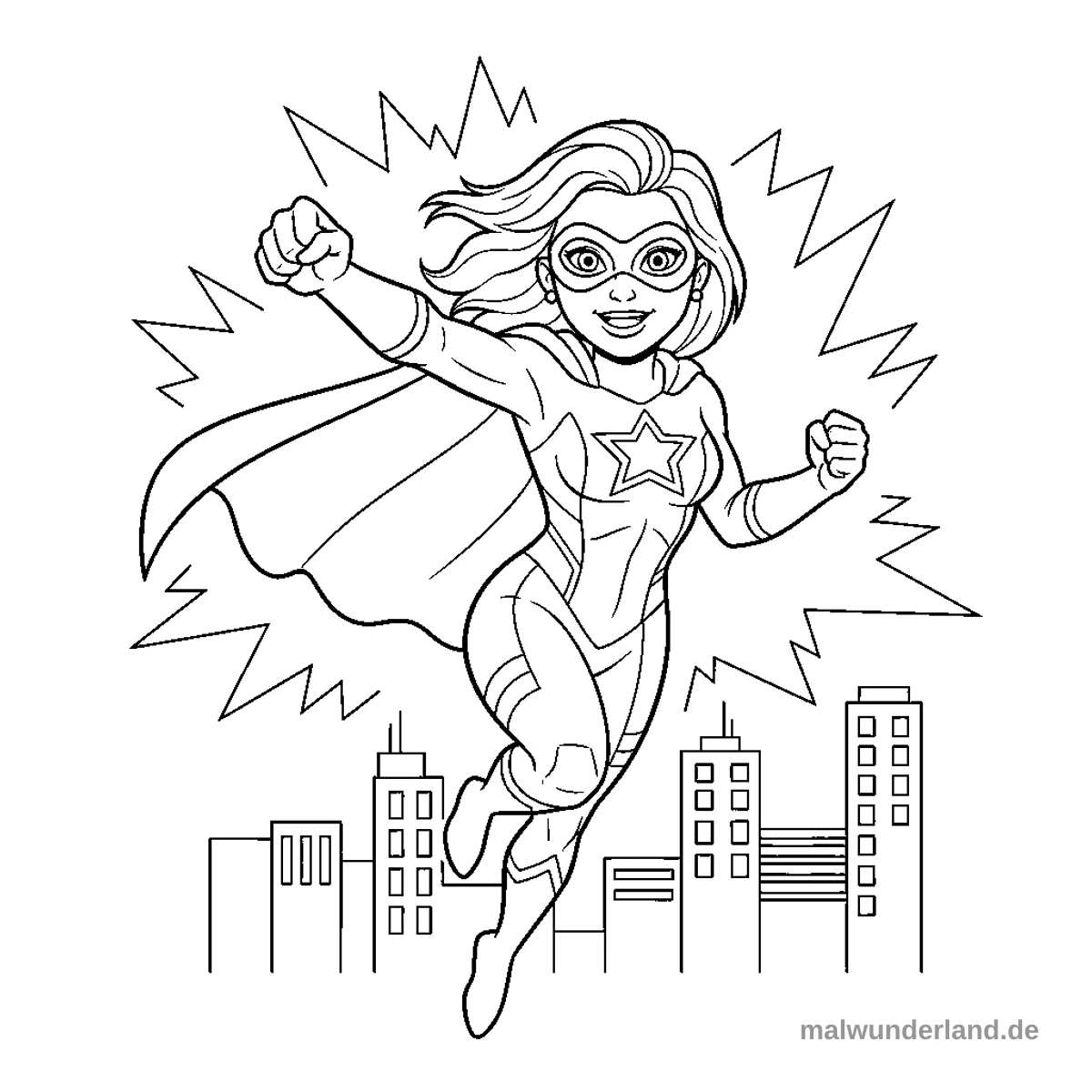Das Ausmalbild zeigt eine lächelnde Superheldin in einem dynamischen Flug über eine stilisierte Stadt. Sie trägt einen Anzug mit einem Stern auf der Brust, eine Augenmaske und einen wehenden Umhang, umgeben von gezackten Energie-Linien.