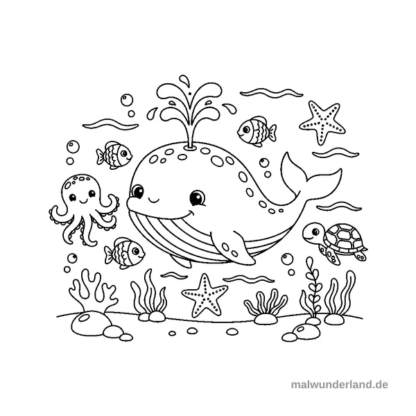 Glücklicher Wal - Kostenloses Ausmalbild zum Ausdrucken