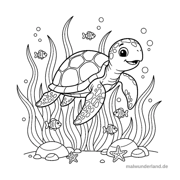 Schildkröte im Seegras - Kostenloses Ausmalbild zum Ausdrucken