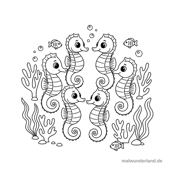 Seepferdchen-Familie - Kostenloses Ausmalbild zum Ausdrucken