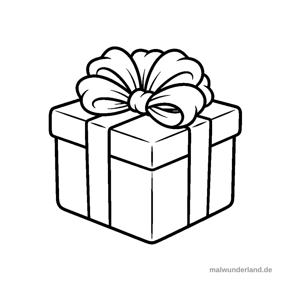 Das Bild zeigt eine Geschenkbox, die mit einem Band umwickelt ist und oben eine große, voluminöse Schleife trägt. Es ist eine schwarz-weiße Strichzeichnung, die zum Ausmalen gedacht ist.