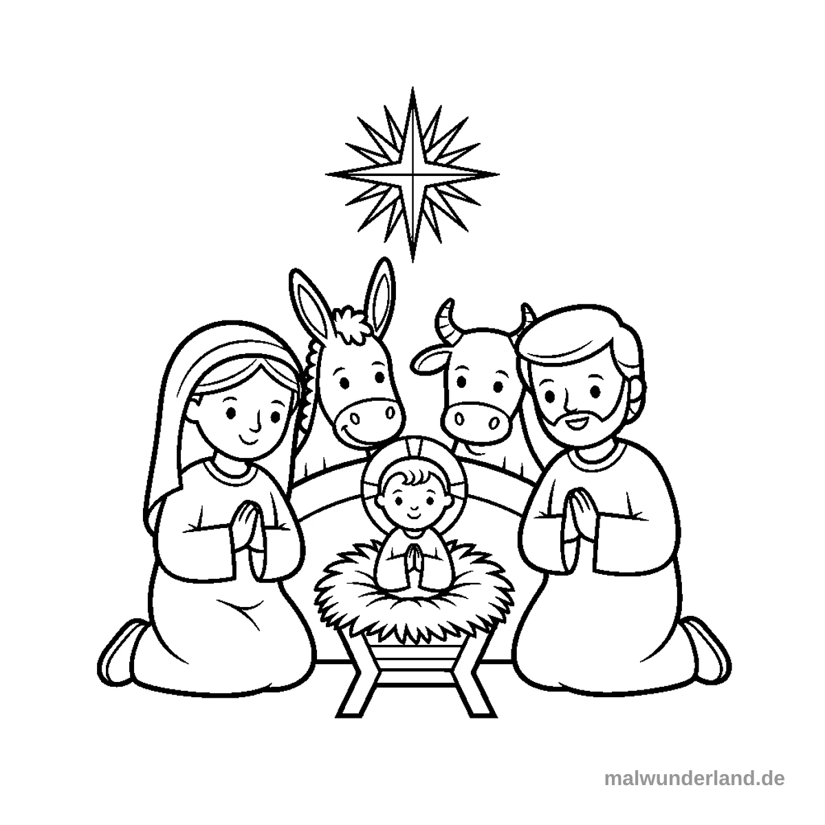 Das Bild zeigt eine Krippenszene als Ausmalbild mit dem Jesuskind in einer Krippe, umgeben von Maria, Josef, einem Esel und einem Ochsen, während ein Stern darüber strahlt.