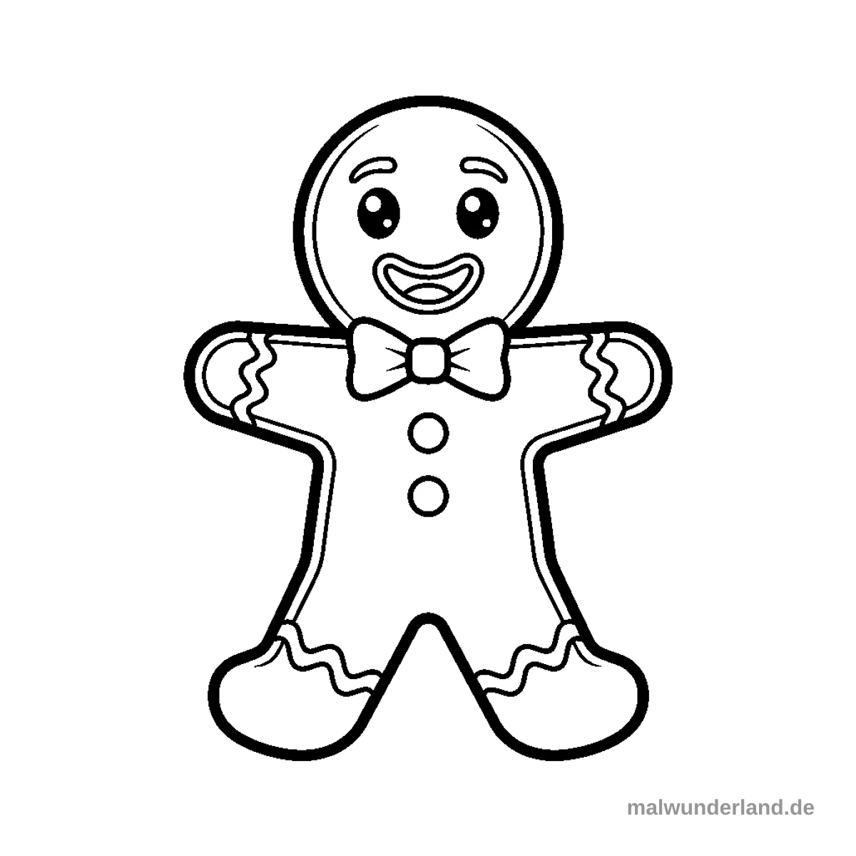 Das Bild zeigt die Schwarz-Weiß-Umrisse eines freundlich lächelnden Lebkuchenmannes. Er trägt eine Fliege und hat zwei runde Knöpfe auf seinem Körper, während seine Arme und Beine mit wellenförmigem Zuckerguss verziert sind.