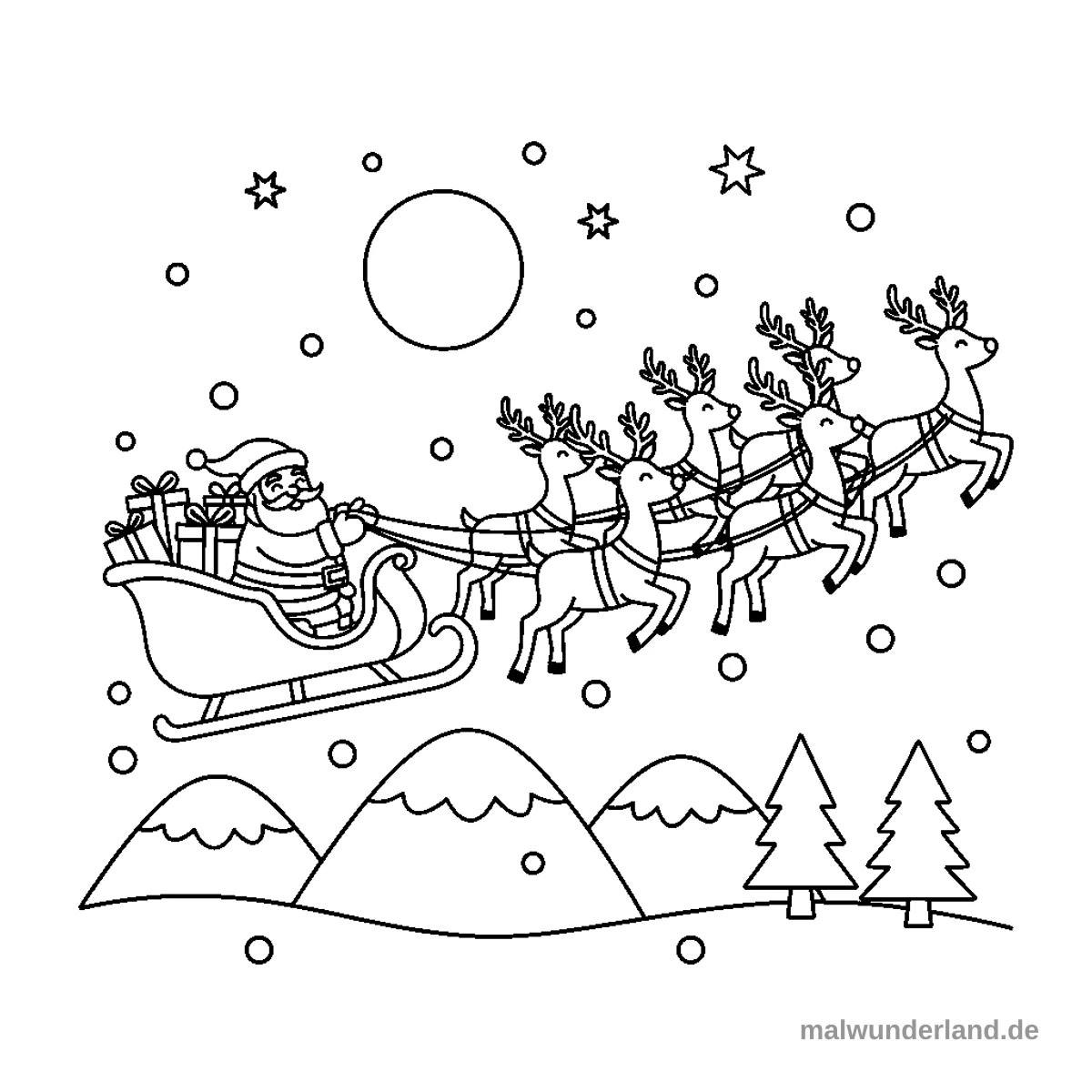Ein Ausmalbild zeigt den Weihnachtsmann in seinem fliegenden Schlitten, der von acht Rentieren durch eine verschneite Nacht gezogen wird. Im Hintergrund sind Berge, Tannenbäume, ein Vollmond und fallende Schneeflocken zu sehen.