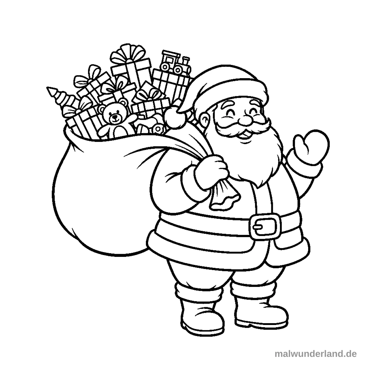 Weihnachtsmann mit Geschenken - Kostenloses Ausmalbild zum Ausdrucken