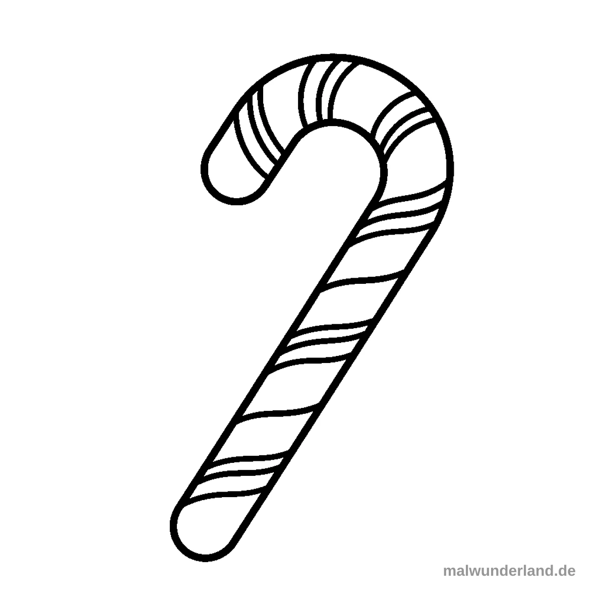 Das Bild zeigt eine einfache Umrisszeichnung einer Zuckerstange, die zum Ausmalen bereit ist. Sie hat eine gebogene Oberseite und diagonale Streifen entlang ihres Schafts.