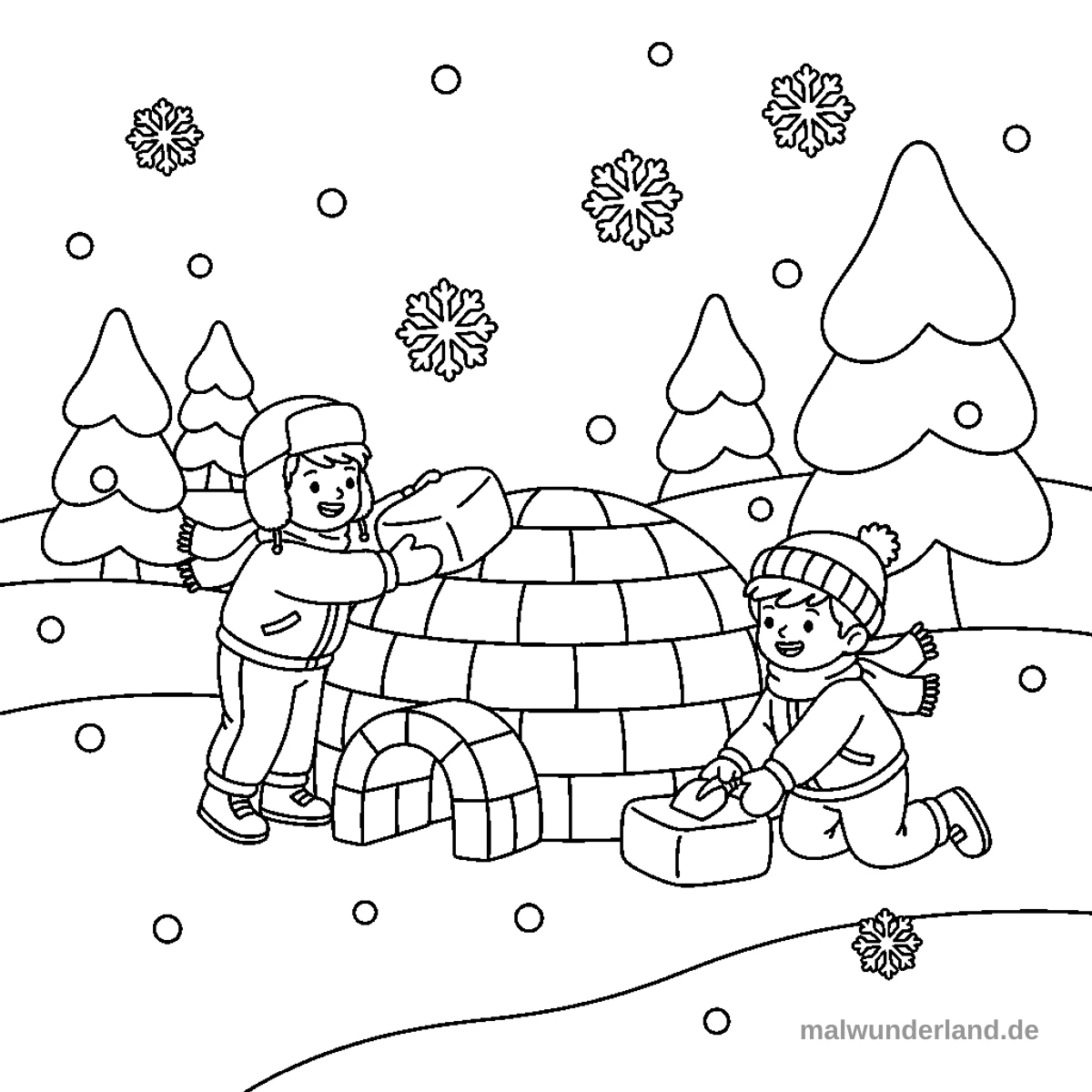 Das Ausmalbild zeigt zwei Kinder, die in einer verschneiten Winterlandschaft ein Iglu bauen. Schneeflocken fallen vom Himmel, und im Hintergrund sind schneebedeckte Tannenbäume zu sehen.