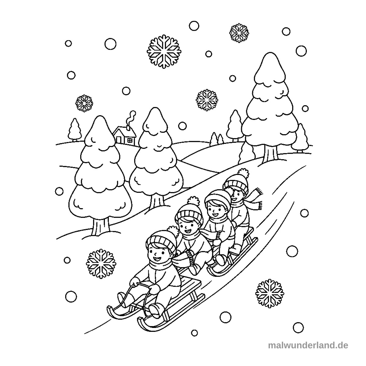 Kinder beim Schlittenfahren - Kostenloses Ausmalbild zum Ausdrucken