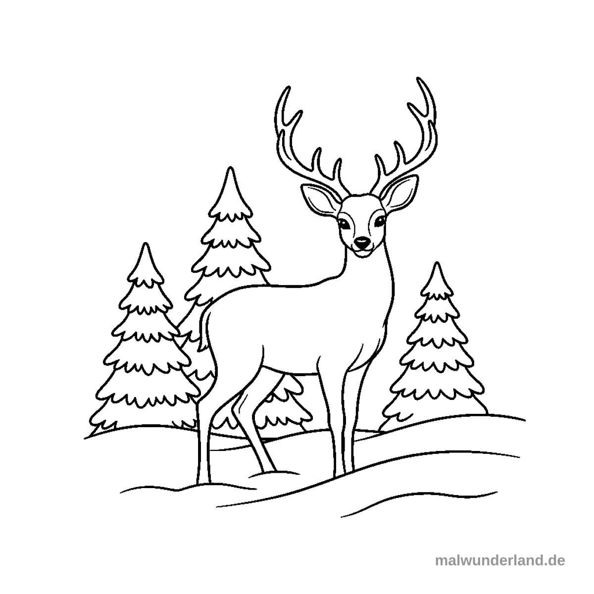 Das Ausmalbild zeigt ein Reh mit großem Geweih, das auf einem verschneiten Hügel steht. Im Hintergrund sind mehrere winterliche Tannenbäume zu sehen.