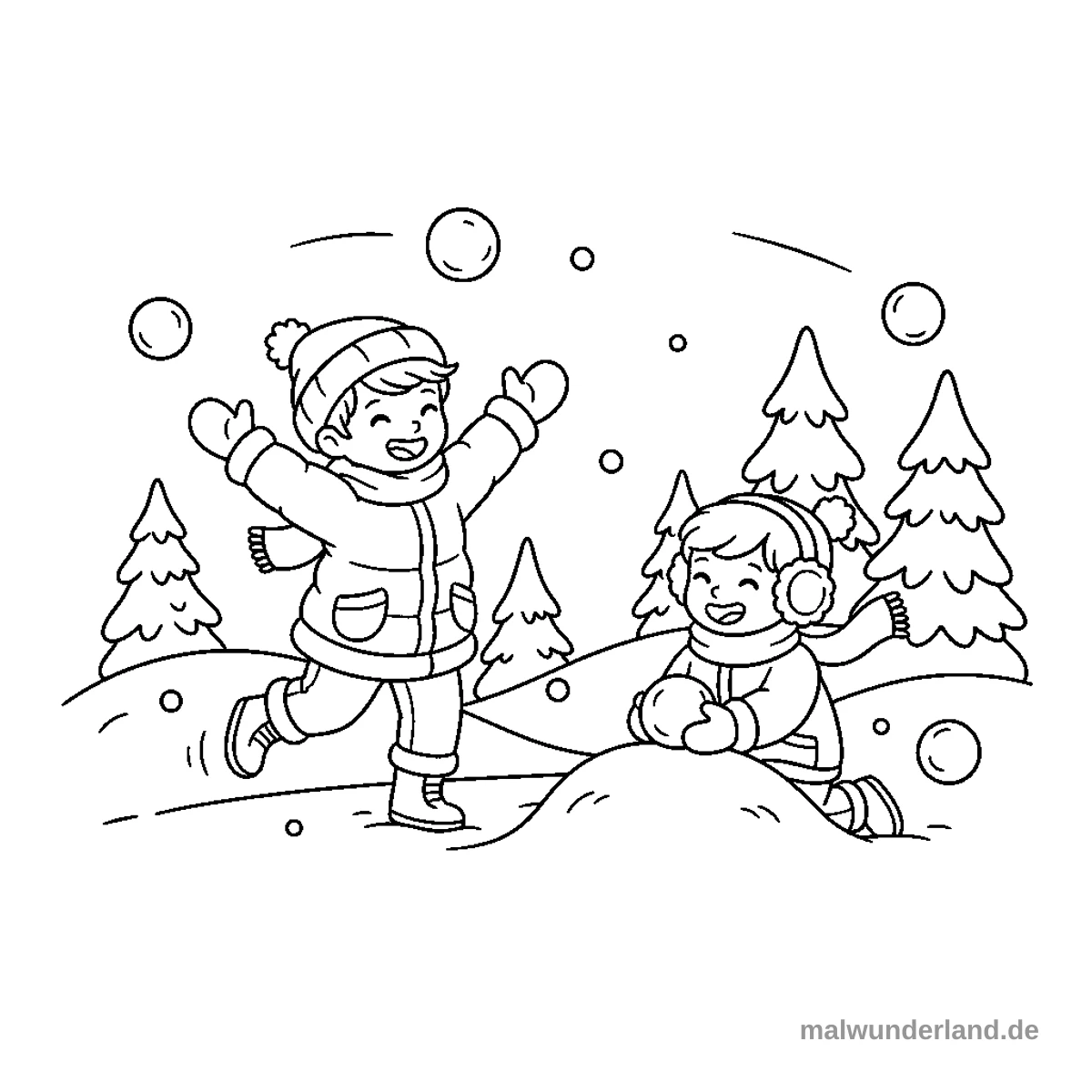 Schneeballschlacht - Kostenloses Ausmalbild zum Ausdrucken