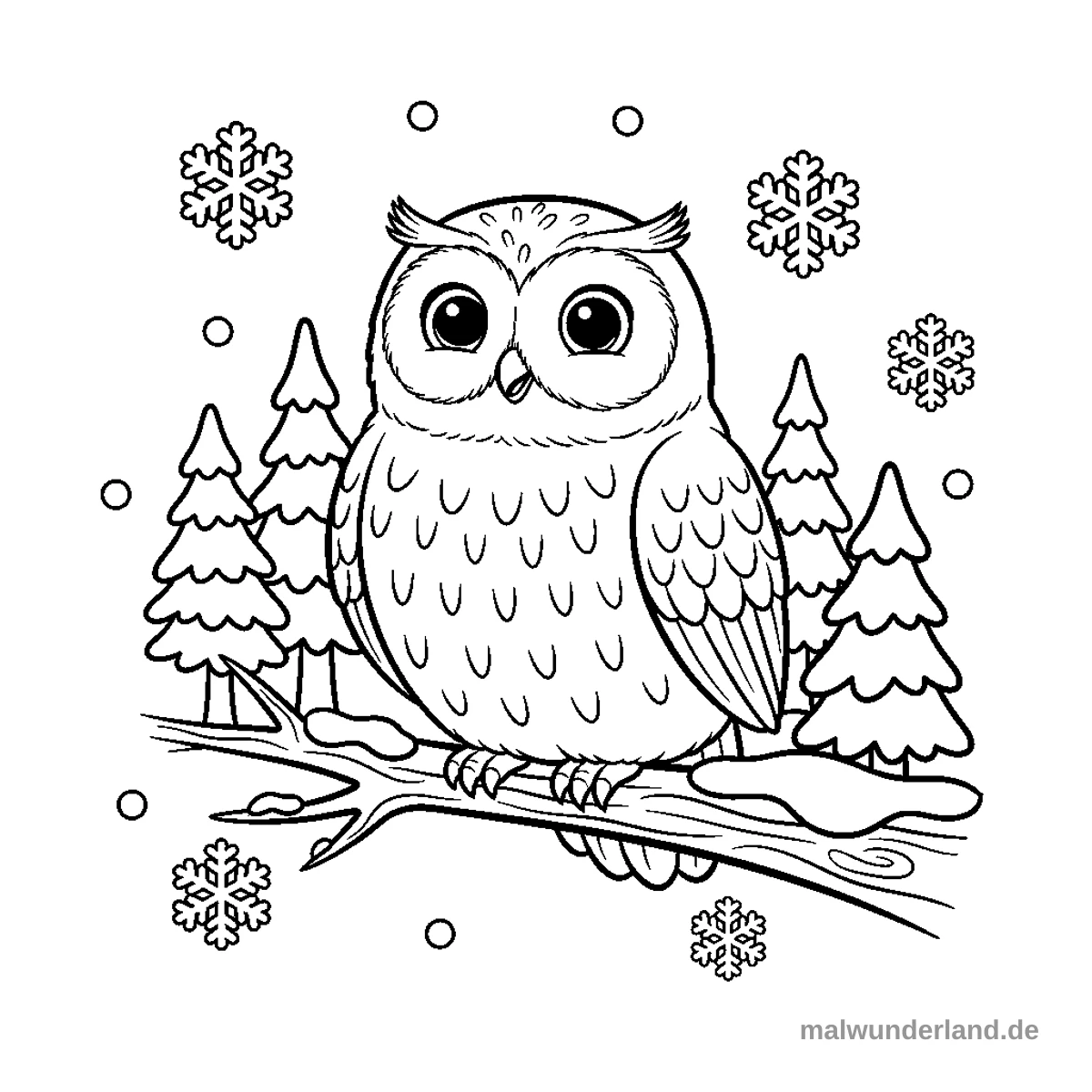 Schneeeule im Baum - Kostenloses Ausmalbild zum Ausdrucken