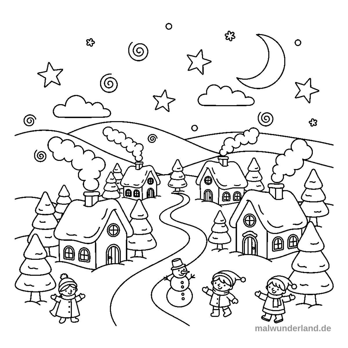 Winterdorf bei Nacht - Kostenloses Ausmalbild zum Ausdrucken