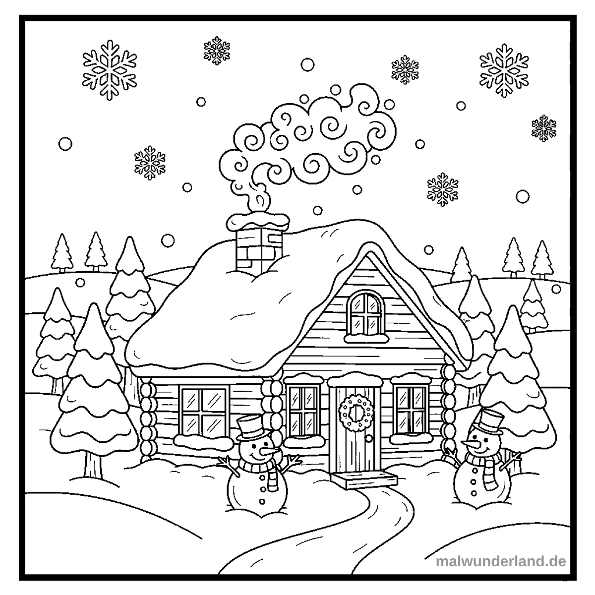 Winterliche Hütte - Kostenloses Ausmalbild zum Ausdrucken