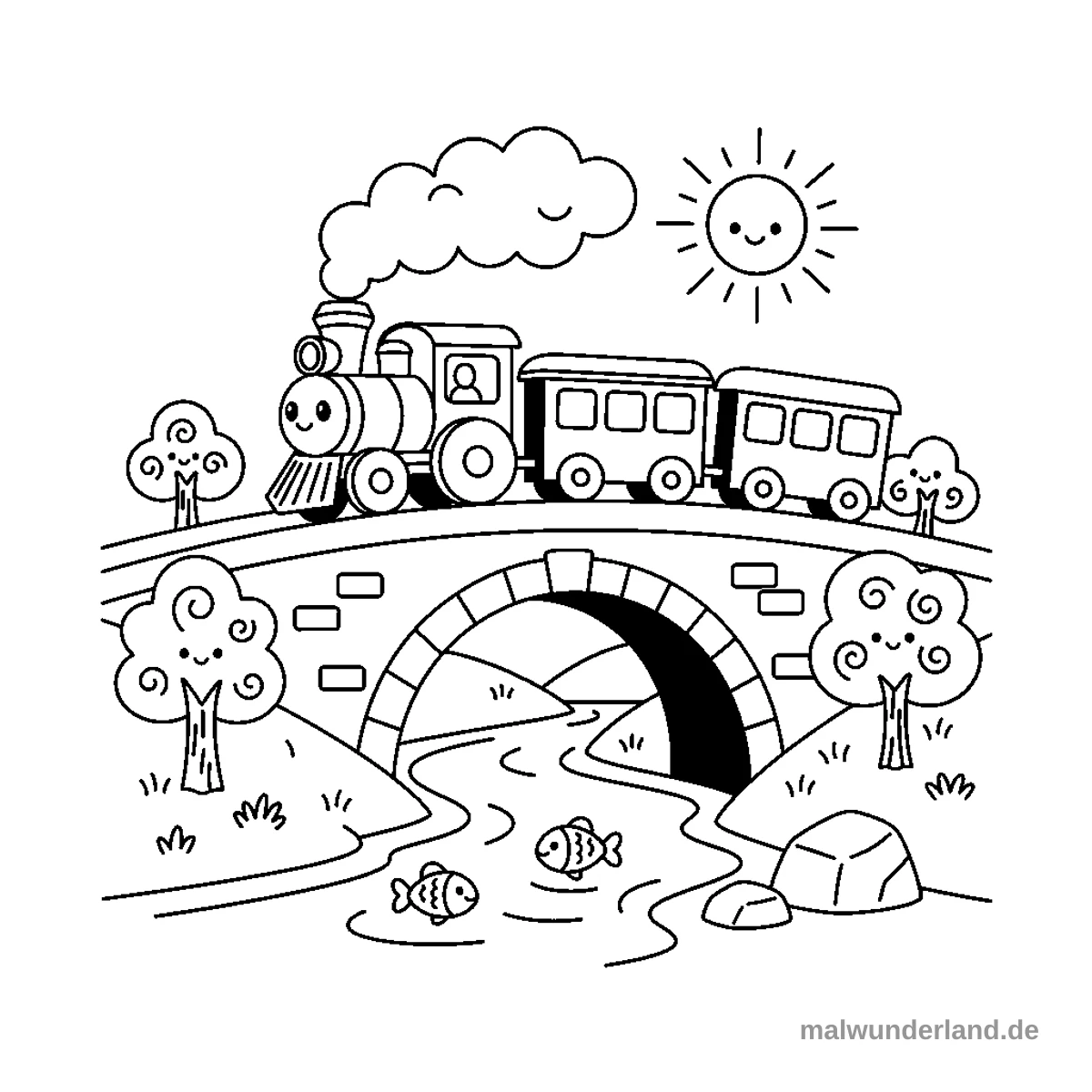Eine Eisenbahnbrücke überspannt einen Fluss, ein Zug fährt gerade darüber.