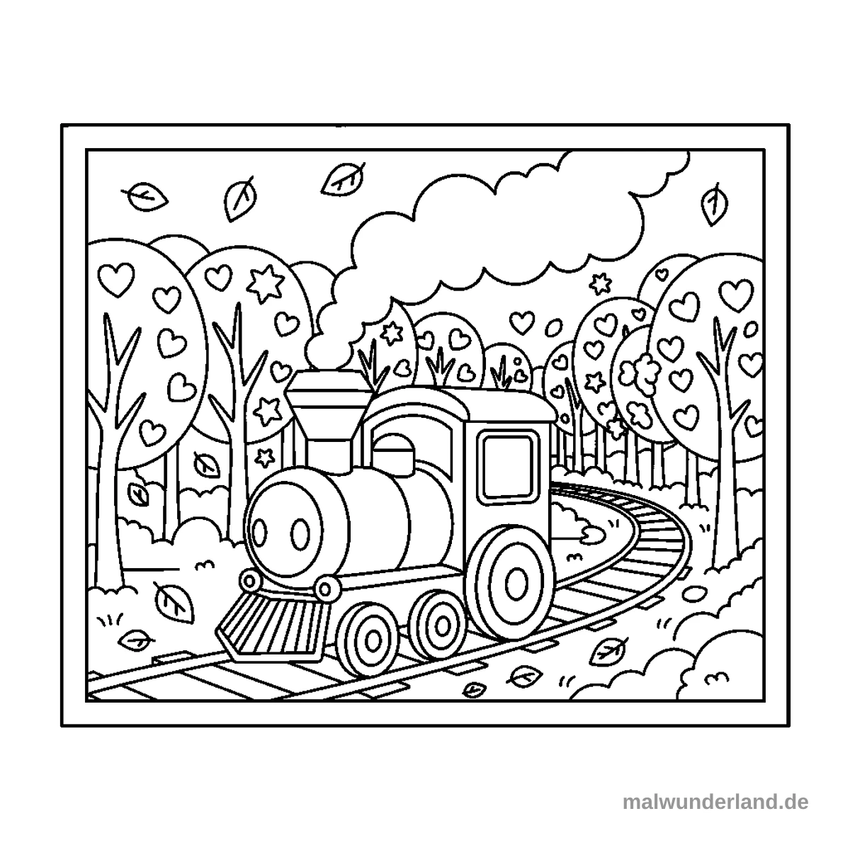Eine kleine Lokomotive fährt durch einen Wald mit bunten Herbstblättern.