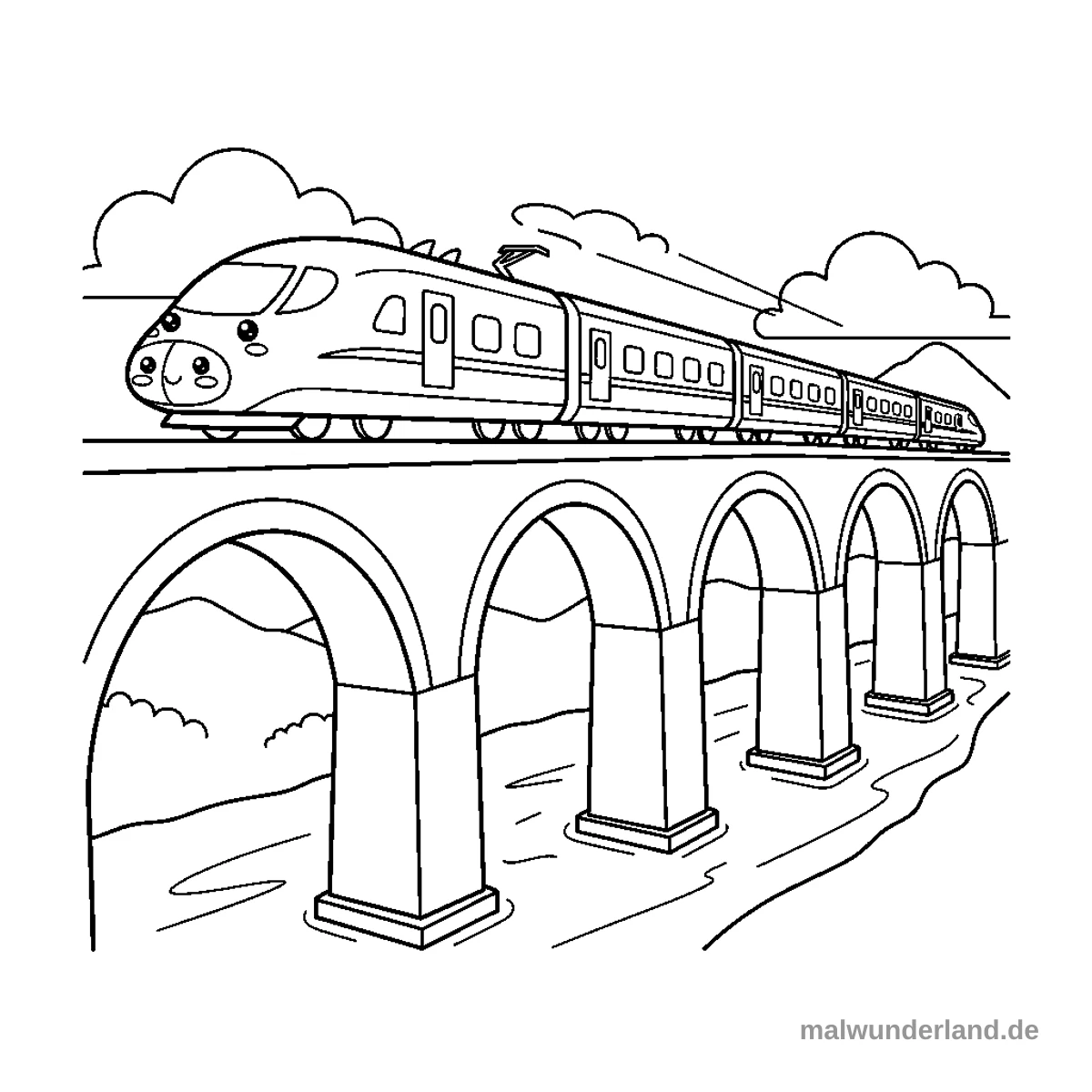 Moderne Zug auf Brücke - Kostenloses Ausmalbild zum Ausdrucken