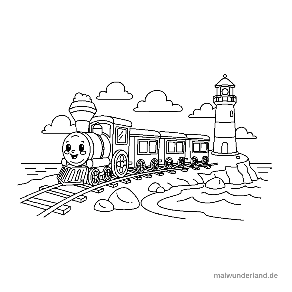 Ein Zug fährt an der Küste entlang und passiert einen Leuchtturm.