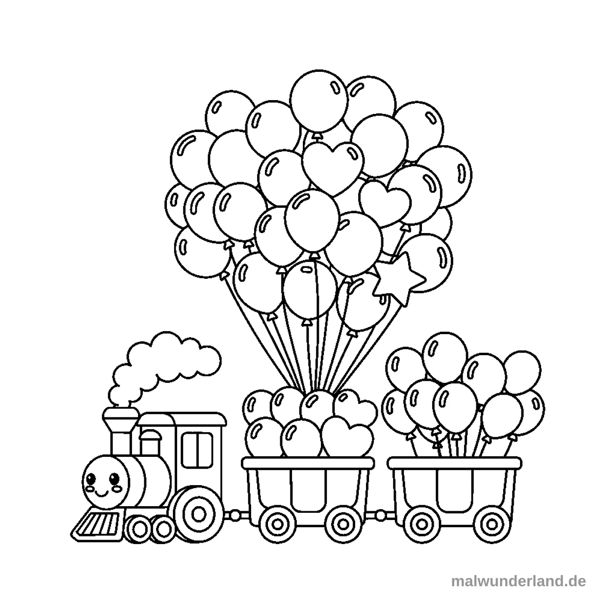 Ein Zug, der viele bunte Luftballons transportiert.